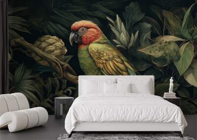 leaf wallpaper palm jungle exotic bird art tropical nature flower. Generative AI. Wall mural