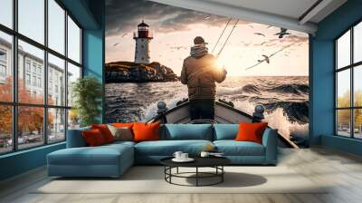 Man fish fishing in the ocean on a boat, lifestyle hobby fishing, father's day. Generative AI Wall mural