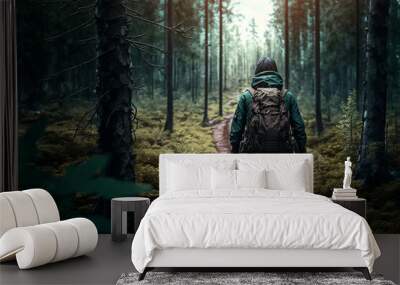 Man journey green forest hiking in the mountains with a backpack view from the back. Generative AI Wall mural