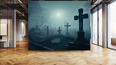 monster cemetery horror night zombie creepy halloween hand moon fear. Generative AI. Wall mural