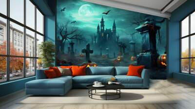 moon cemetery night bat grave holiday halloween dark pumpkin horror. Generative AI. Wall mural