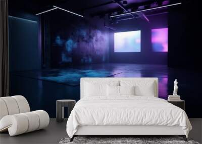 neon rays abstract light floor background room smoke fog blue space. Generative AI. Wall mural