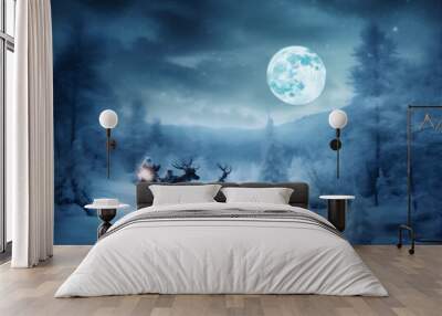 night gift claus claus reindeer christmas holiday winter sleigh december santa. Generative AI. Wall mural