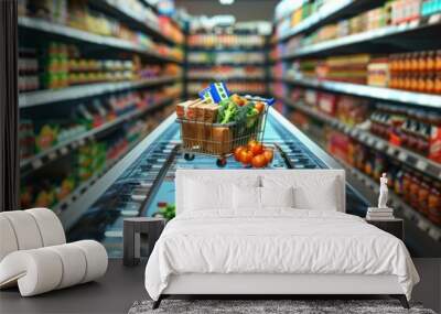 Online grocery shopping concept with smartphone in hand on supermarket aisle background in 3D illustration Wall mural