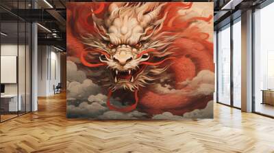 Oriental asian tradition religion temple china chinese background red dragon asia animal culture art Wall mural