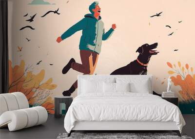 Owner with pets concept with people scene in flat design. Happy man walking his dogs on leash and spending time with his animals in park outdoors. Generative AI. Wall mural