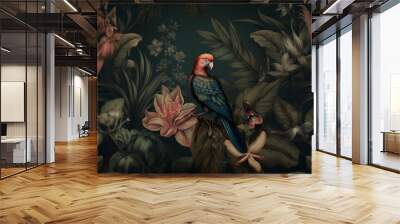 palm wallpaper leaf art flower exotic nature tropical bird jungle. Generative AI. Wall mural