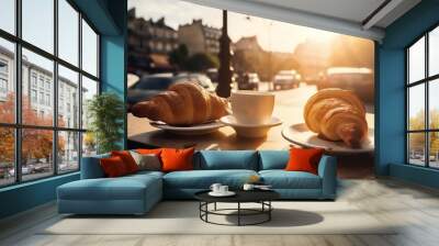 paris breakfast french bar france food croissant cup drink table. Generative AI. Wall mural