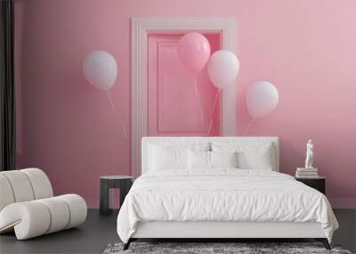 Pink dream serene room with white balloons and open door in the center for travel and relaxation Wall mural