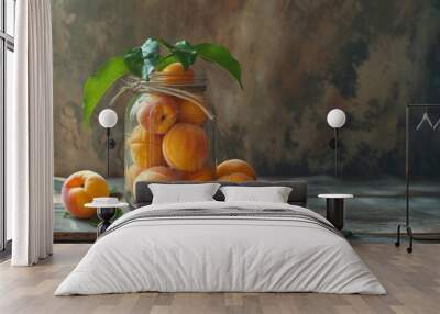 Ripe apricots in a rustic glass jar on a wooden table in natural light, closeup summer fruit harvest concept Wall mural