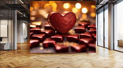 Romantic Love Celebration: Red Heart on Shiny Wooden Background with Bokeh Lights Wall mural