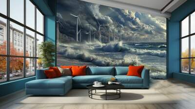 Scenic coastal landscape with wind turbines under a dramatic cloudy sky, waves crashing on the shore Wall mural