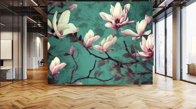 seamless background floral wallpaper trendy leaf pattern flower watercolor magnolia decoration. Generative AI. Wall mural