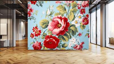 Seamless leaf nature pattern blue background rose textile illustration vintage flower floral wallpaper Wall mural