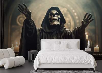 skeleton creepy fear hood night evil halloween horror death ghost. Generative AI. Wall mural