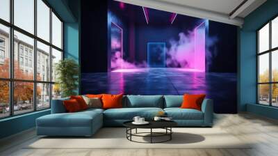 space abstract room blue rays club background light fog smoke neon. Generative AI. Wall mural