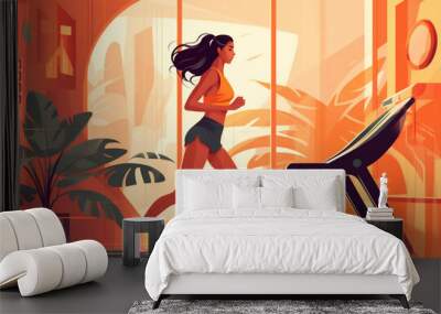 sport woman exercise run treadmill fitness style training boho physical health fit exercise. Generative AI. Wall mural