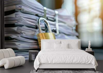 Stack of documents secured with a golden padlock, symbolizing data protection and confidentiality in a professional environment Wall mural