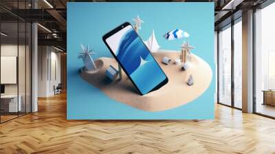 summer holiday sand phone mock creative palm sea up concept cyber. Generative AI. Wall mural