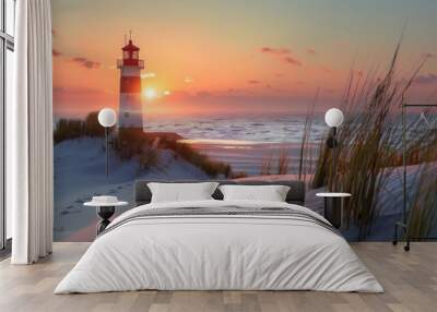 Sunset over the seaside with a lighthouse and sandy dunes under a colorful sky Wall mural