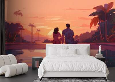 sunset swimming couple relax travel pool back romantic vacation honeymoon. Generative AI. Wall mural