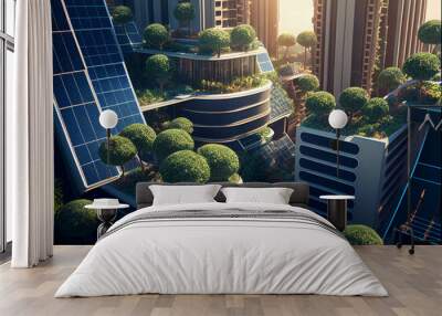 The city of the future with solar panels on the facade with natural plants, green energy and eco technology, modern clean environment. Generative AI Wall mural