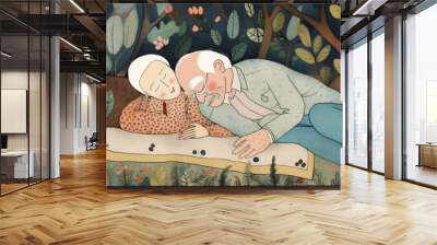 together woman man happy love couple bed old asleep male lying retired. Generative AI. Wall mural