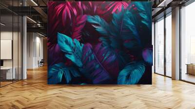 tropical jungle purple light art background neon night leaf exotic plant. Generative AI. Wall mural