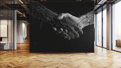 Two hands shaking in a digital style, representing partnership and collaboration, set against a dark background with a network of lines and dots Wall mural