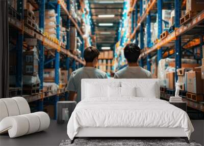 Two individuals walking through a warehouse aisle filled with boxes, bright lighting illuminating stacks of products around them Wall mural