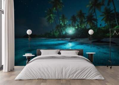 vacation ocean tree sky tropical luminous palm paradise blue night beach. Generative AI. Wall mural