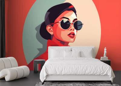 vacation woman style fashion poster design glasses portrait modern girl illustration. Generative AI. Wall mural