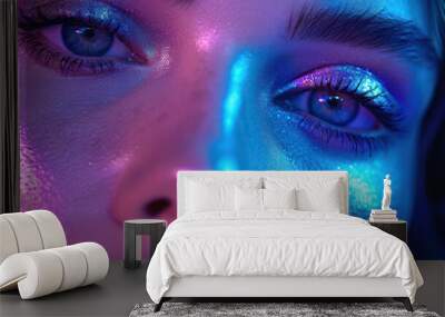 Vibrant Beauty: A Glowing Close-Up Portrait of a Young Woman with Colorful Makeup and Stylish Fashion Wall mural