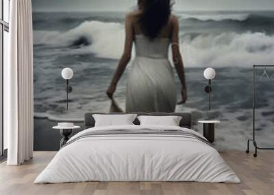 wedding woman sky nature ocean dress cloud summer beach sea storm. Generative AI. Wall mural