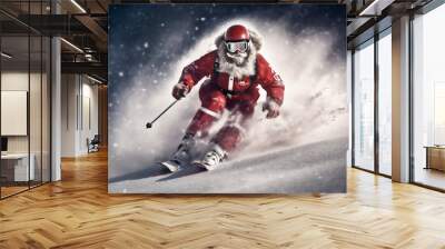 winter ski holiday skier sport mountain snow christmas snowboarder santa. Generative AI. Wall mural