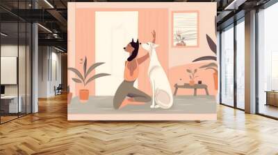 woman dog yoga fitness training home sport cartoon person body lifestyle. Generative AI. Wall mural