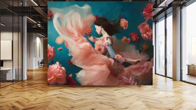 woman fashion beauty peony colorful young flying spring art flower falling. Generative AI. Wall mural