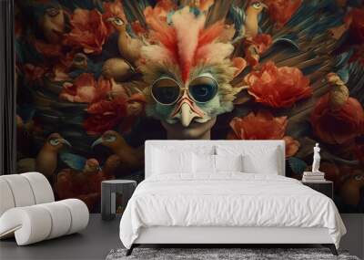 woman glamour young fashion beauty jungle color beautiful bird face peacock. Generative AI. Wall mural