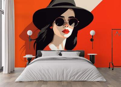 woman glasses hat design portrait poster girl illustration style fashion modern. Generative AI. Wall mural