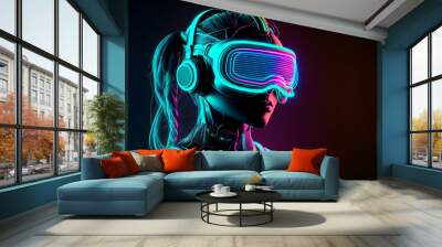 Woman robot in 3D reality glasses, game character, with neon glowing elements of purple. generative AI Wall mural