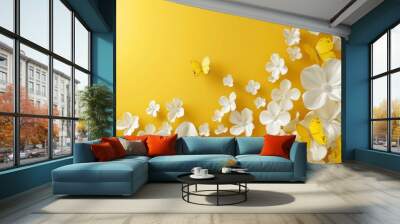 Yellow background with white flowers and yellow butterflies creating a vibrant, cheerful atmosphere Wall mural