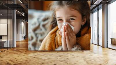 Young girl blowing her nose with a tissue while sitting on a couch in a cozy living room Wall mural