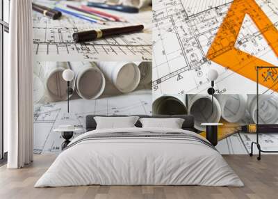 Collection and collage of architectural projects and rolls Wall mural