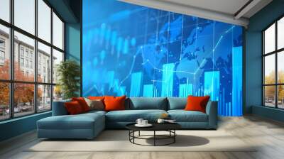 A blurred background with a blue finance graph and investment bar, showcasing growth and success in the market with technology currency reports chart. Business stock world economy AI computer  Wall mural