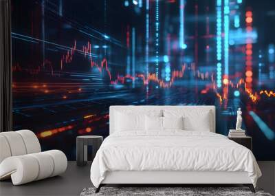 A blurred background with a blue finance graph and investment bar, showcasing growth and success in the market with technology currency reports chart. Business stock world economy AI computer flow Wall mural