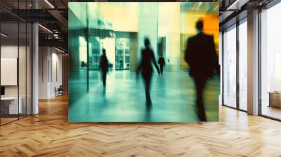 Abstract long exposure motion crowd of business people walking commercial centre corporate office in modern city downtown street. Fast pace busy crowded stress professional finance businessman Wall mural