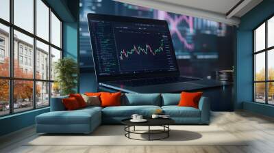 black 3D background colorful finance graph and investment bar, showcasing growth and success in the market with technology currency reports chart. Business stock world economy AI computer Wall mural