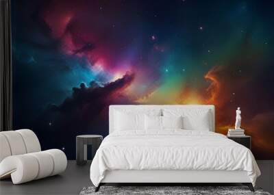 Colorful space galaxy cloud nebula. Stary night cosmos. Universe science astronomy. Supernova background rainbow wallpaper red purple blue dark black orange green Wall mural