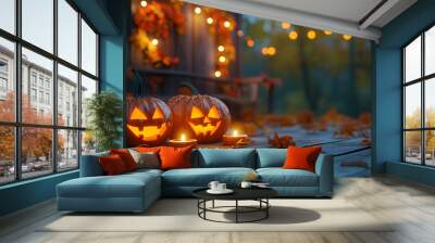 cozy outdoor halloween carved pumpkins glowing candles wooden autumn fall leaves festive autumn festival holiday decoration celebration Wall mural