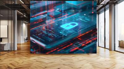 digital illustration of cybersecurity data protection, padlock symbol smartphone screen display neon lights. Technology abstract password cyber security hacker business financial sensitive information Wall mural